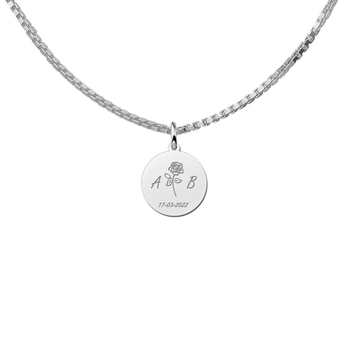 Zilveren ronde hanger met roos, twee initialen en datum