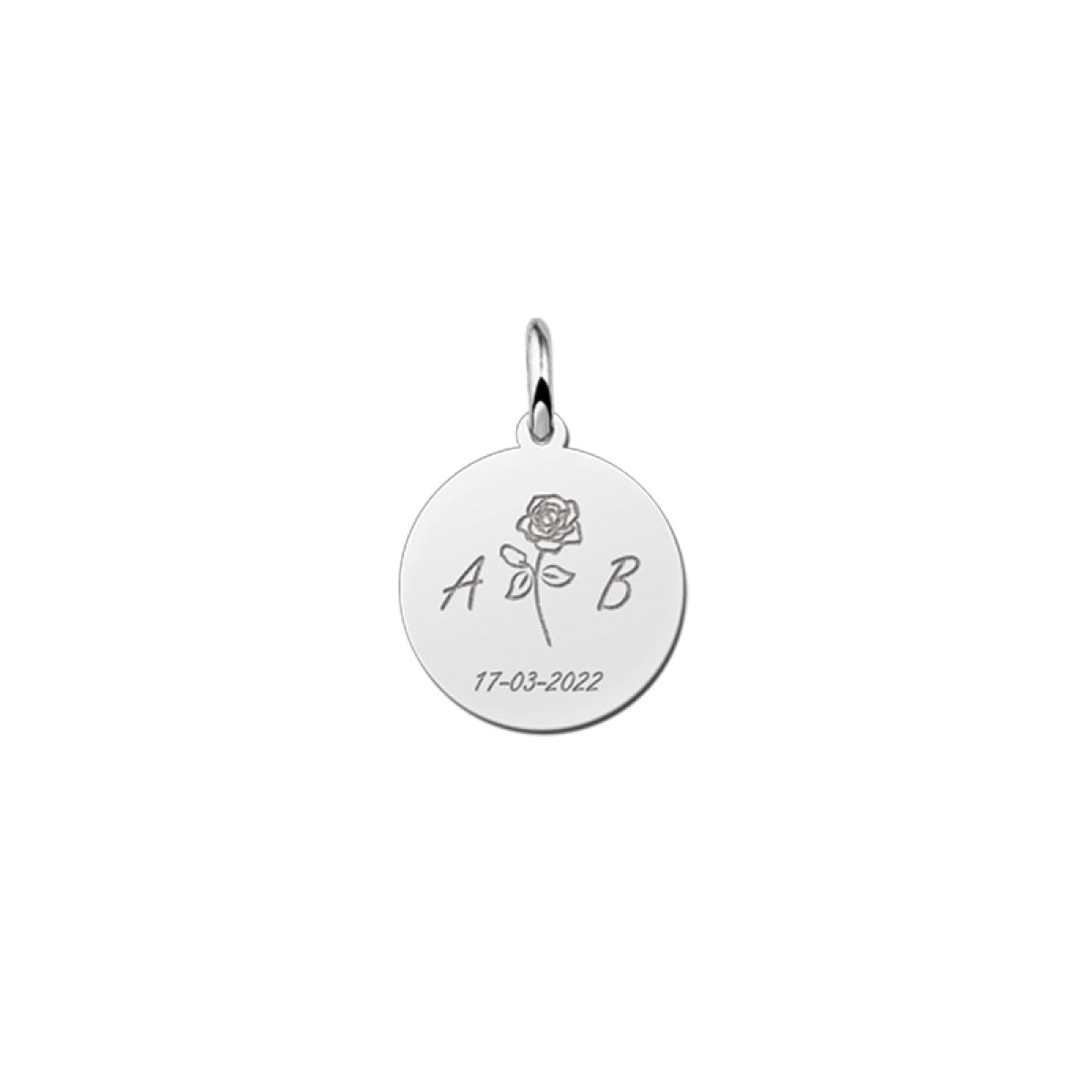 Zilveren ronde hanger met roos, twee initialen en datum