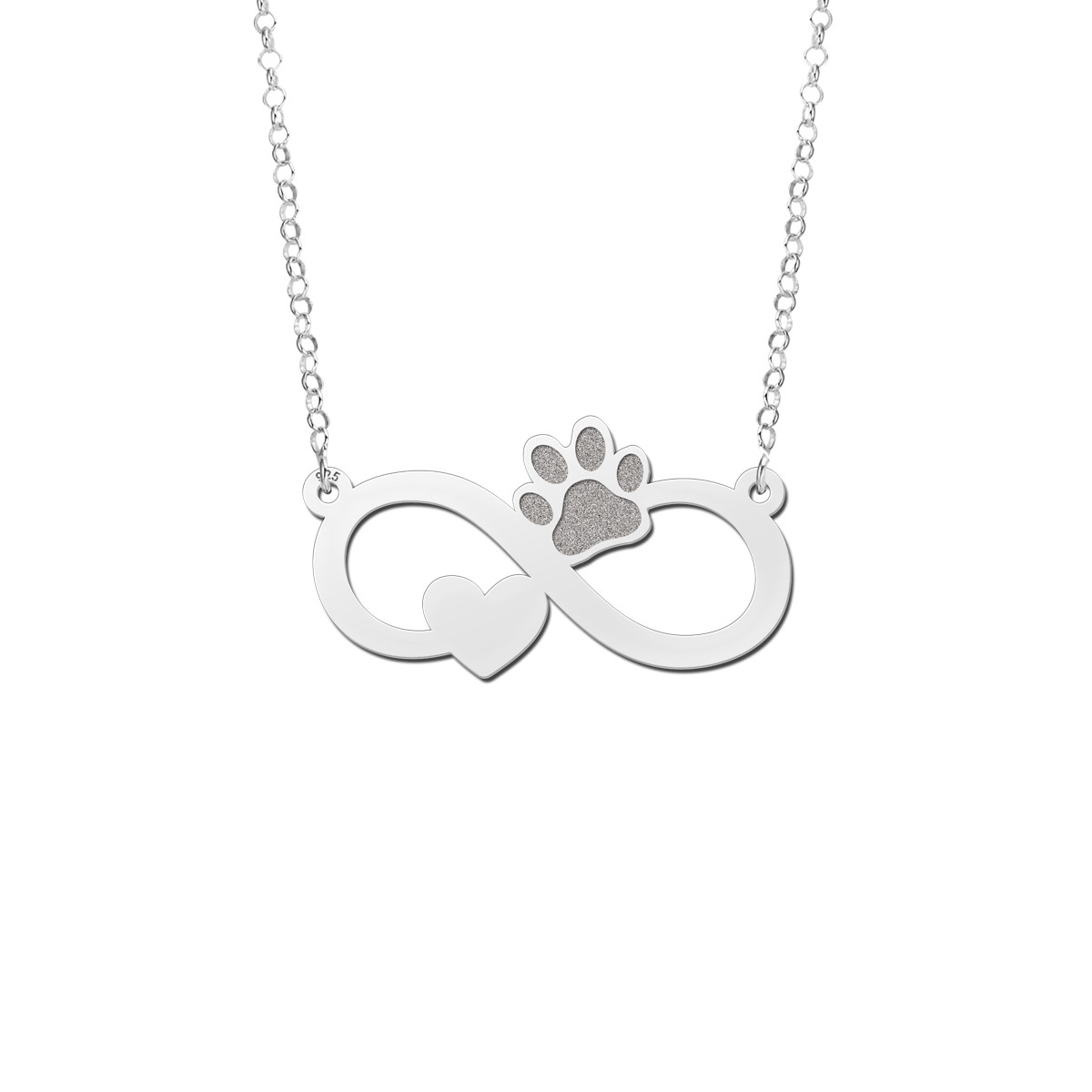 Zilveren infinity ketting met hart en pootje