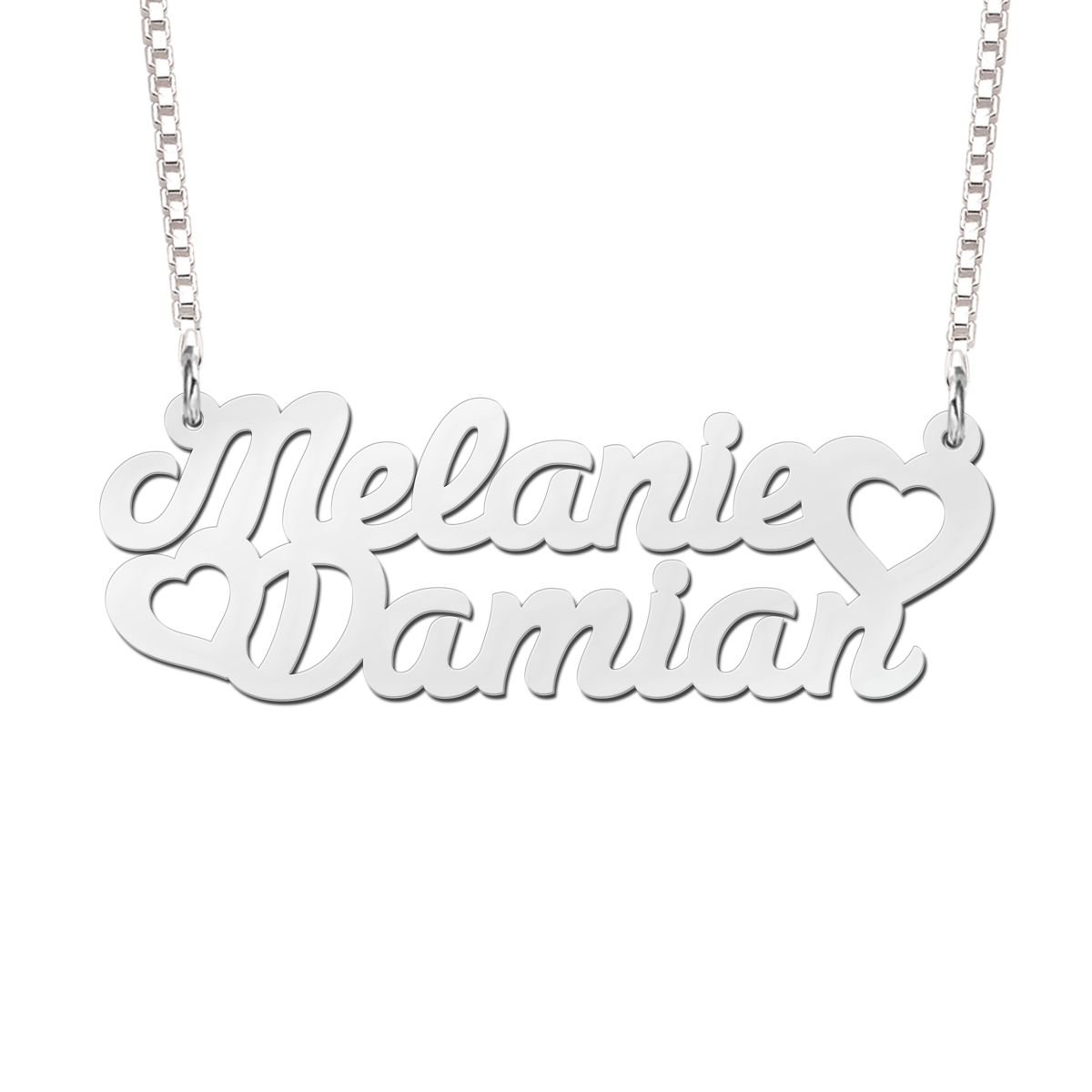 Dubbele naamketting van zilver met hartjes