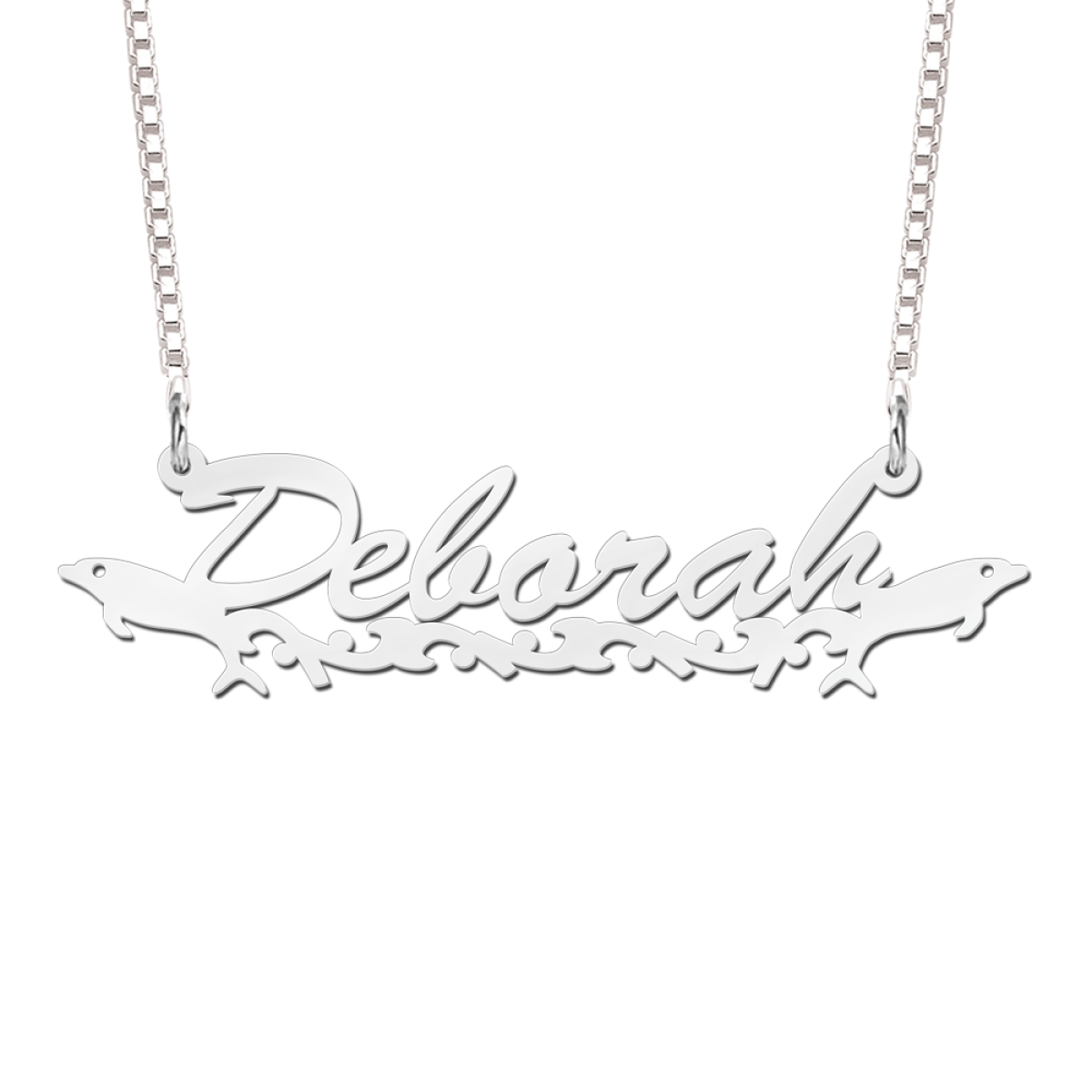 Zilveren naam ketting met dolfijnen voorbeeld Deborah