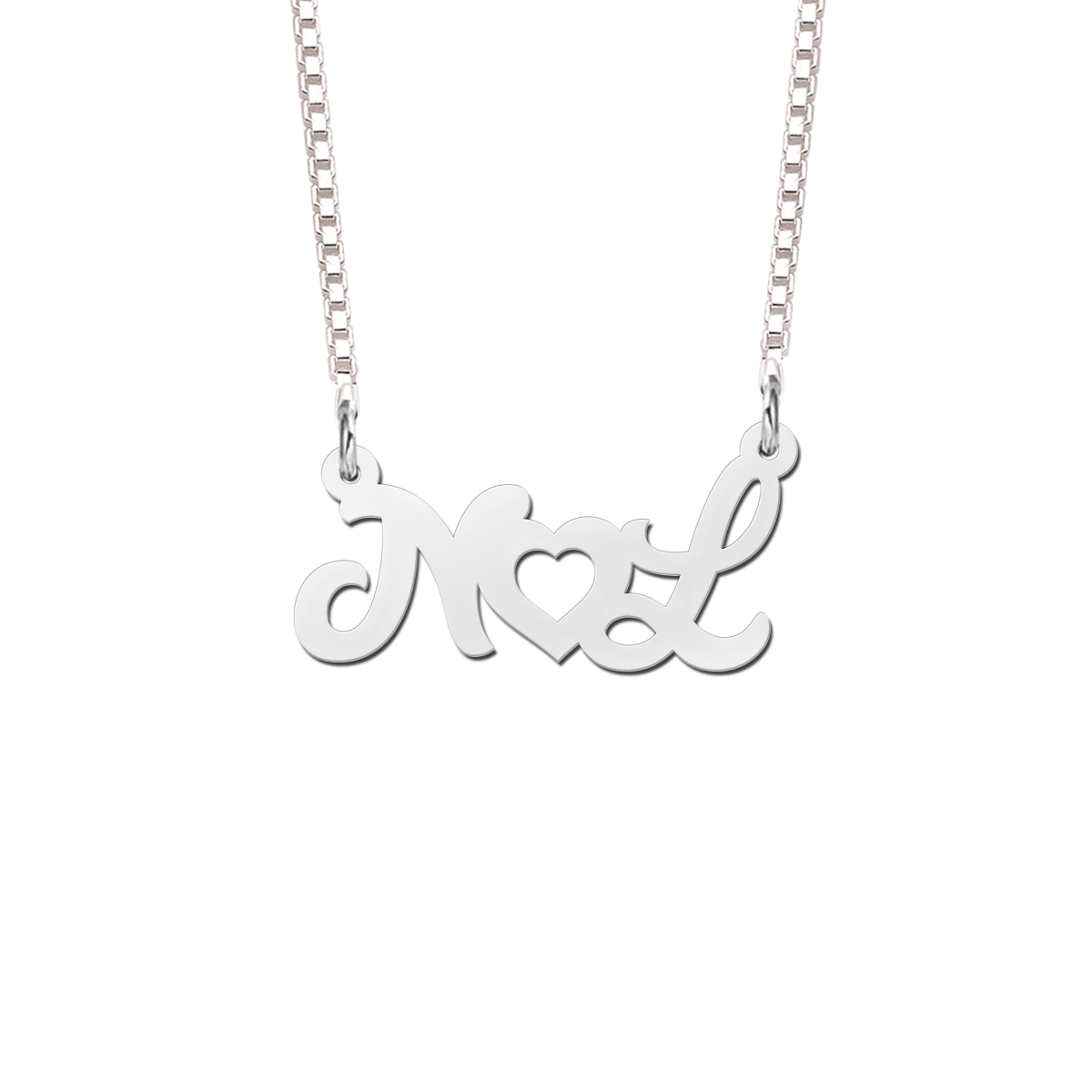 Zilveren naamketting met initialen en hartje