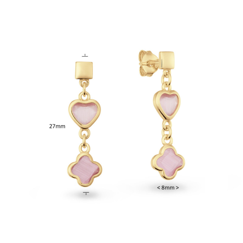 glow-106862500-gold-plated-oorhangers-met-hart-en-klaver-roze-zirkonia-8-mm-breed-hoogte-27-mm