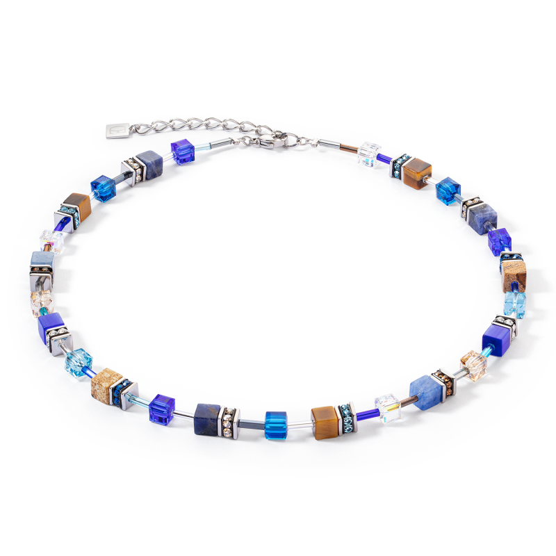 coeur-de-lion-geocube-ketting-iconic-precious-4905-10-0711-zilverkleurig-met-blauw-en-bruin-lengte-42-48-cm