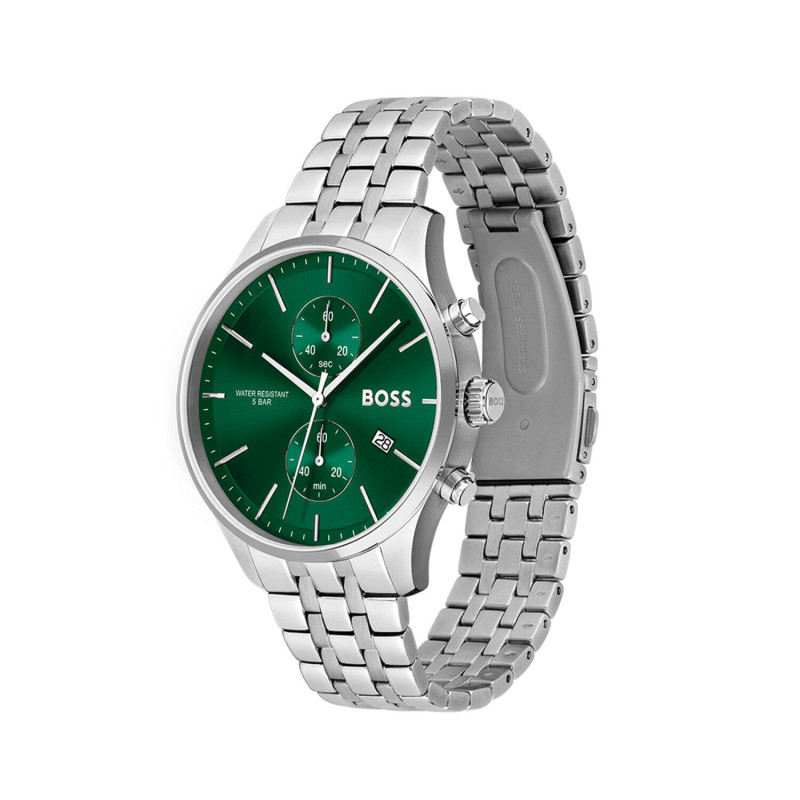 boss-associate-hb1513975-herenhorloge-van-staal-zilverkleurig-met-groene-wijzerplaat-chronograaf-o-42-mm