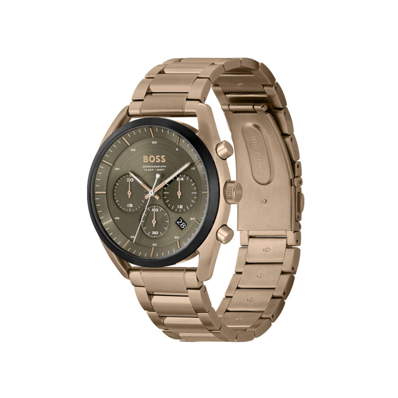 boss-top-hb1514094-herenhorloge-van-staal-beige-goudkleurig-met-olijf-groene-wijzerplaat-o-44-mm