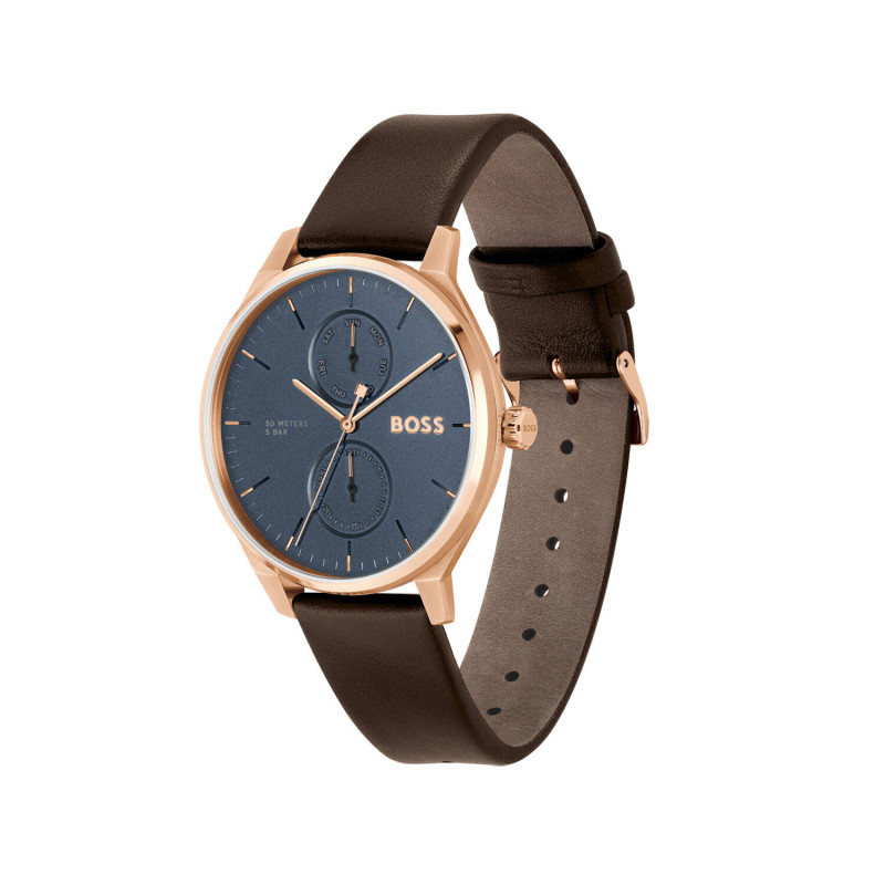 boss-tyler-hb1514103-herenhorloge-van-staal-rosegoudkleurig-met-blauwe-wijzerplaat-en-bruine-leren-band-o-43-mm