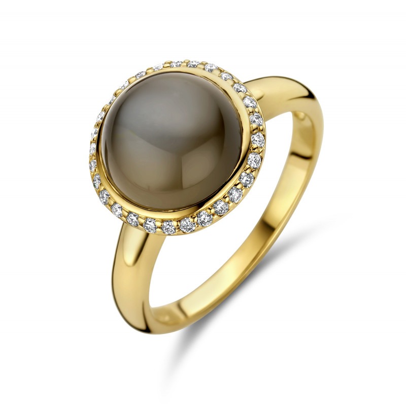 lelijk Outlook ik ben verdwaald Gouden halo ring met grijze maansteen 10 mm en diamanten 0.15 crt | Mostert  Juweliers