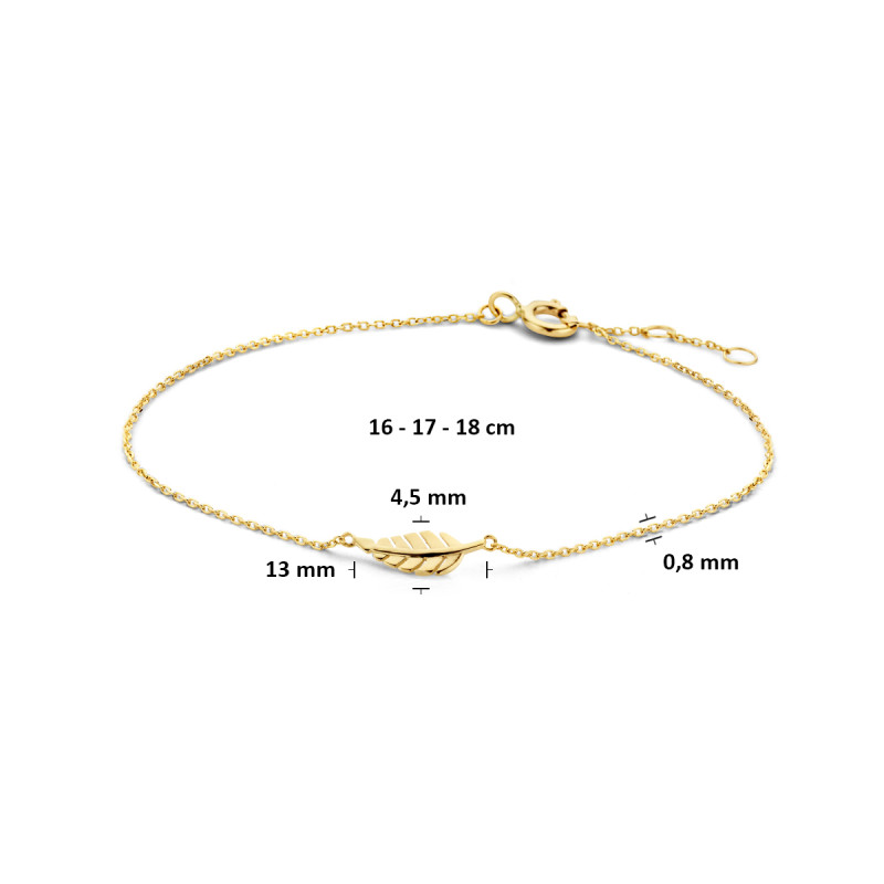 goudkleurige-9-karaat-armband-met-glanzende-veer-hanger-0-8-mm-breed-lengte-16-17-18-cm
