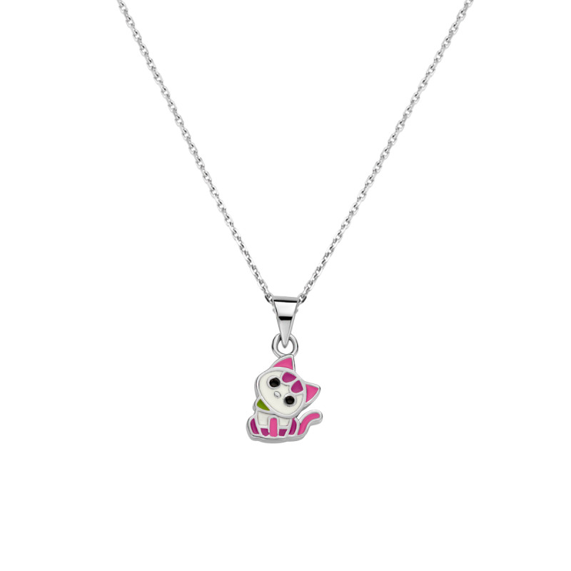 zilveren-ketting-met-roze-kat-van-emaille-voor-kinderen-lengte-36-40-cm