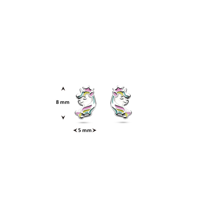 zilveren-kinderoorknopjes-met-eenhoorn-van-multicolor-emaille-5-mm-breed-hoogte-8-mm