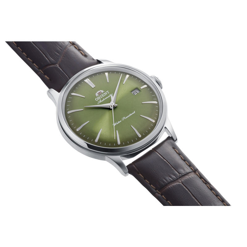 orient-bambino-or-ra-ac0029e30b-automatisch-horloge-met-groene-wijzerplaat-en-bruine-band-41-mm