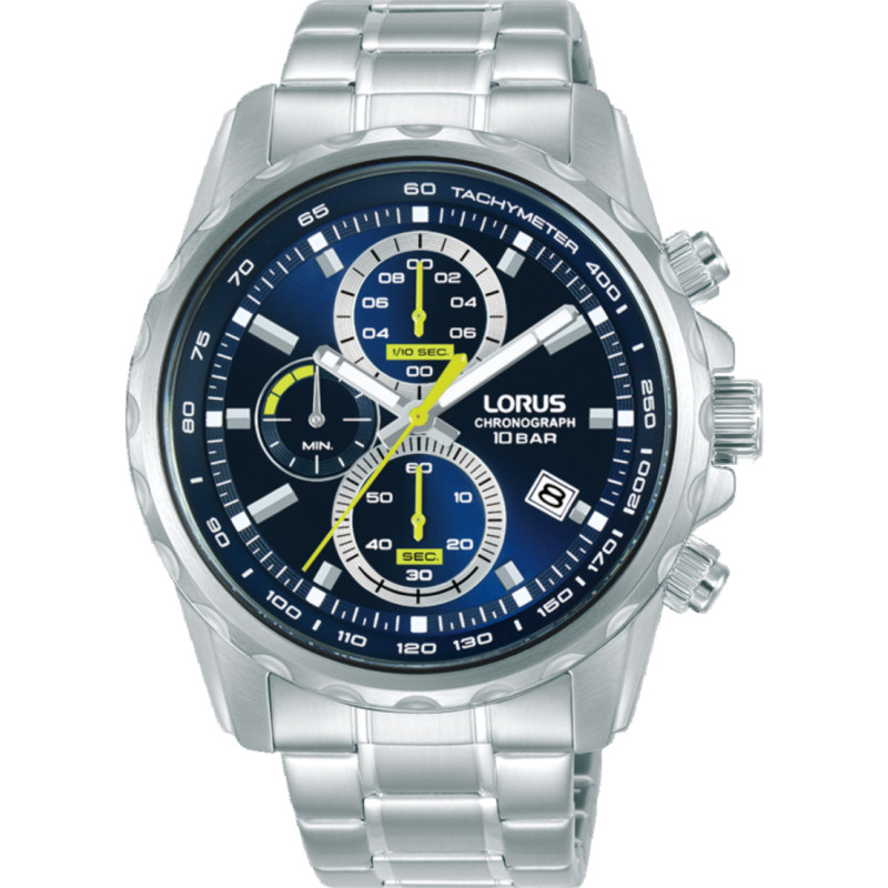 lorus-rm373jx9-chronograaf-horloge-van-zilverkleurig-staal-met-blauwe-wijzerplaat-en-gele-details-o-43-mm