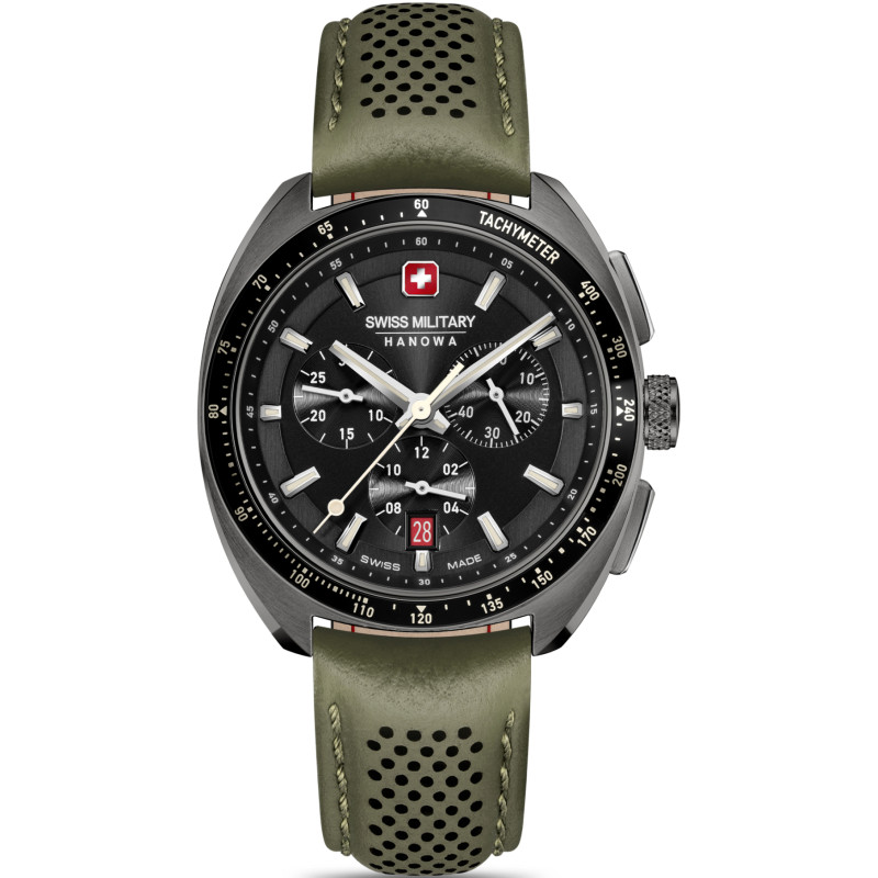 swiss-military-hanowa-defender-smwgc0003340-chronograaf-horloge-met-grijze-kast-en-groene-leren-band-o-41-mm
