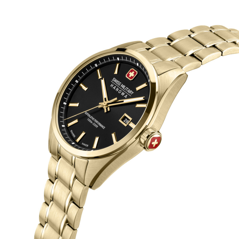 swiss-military-hanowa-pioneer-smwgh0004110-quartz-horloge-van-goudkleurig-staal-met-zwarte-wijzerplaat-o-40-mm
