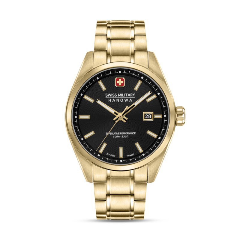 swiss-military-hanowa-pioneer-smwgh0004110-quartz-horloge-van-goudkleurig-staal-met-zwarte-wijzerplaat-o-40-mm
