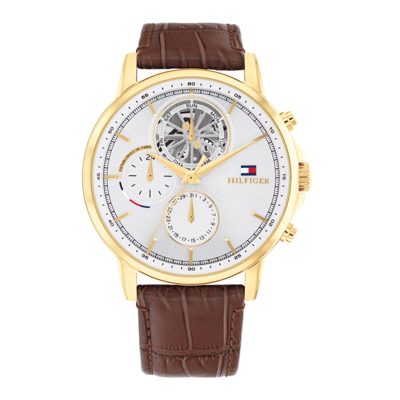 tommy-hilfiger-stewart-th1710631-chronograaf-herenhorloge-met-leren-band-zilverkleurige-wijzerplaat-goudkleurige-kast-o-44-mm