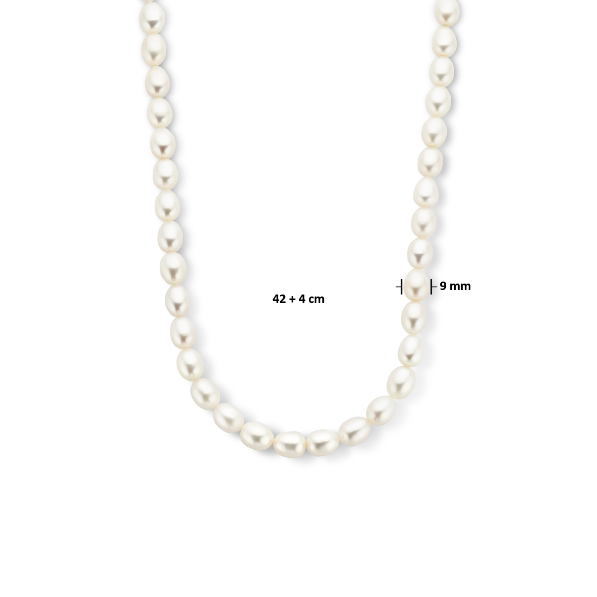 Stijlvolle zilveren parelketting 9 mm breed -  Lengte 42 + 4 cm