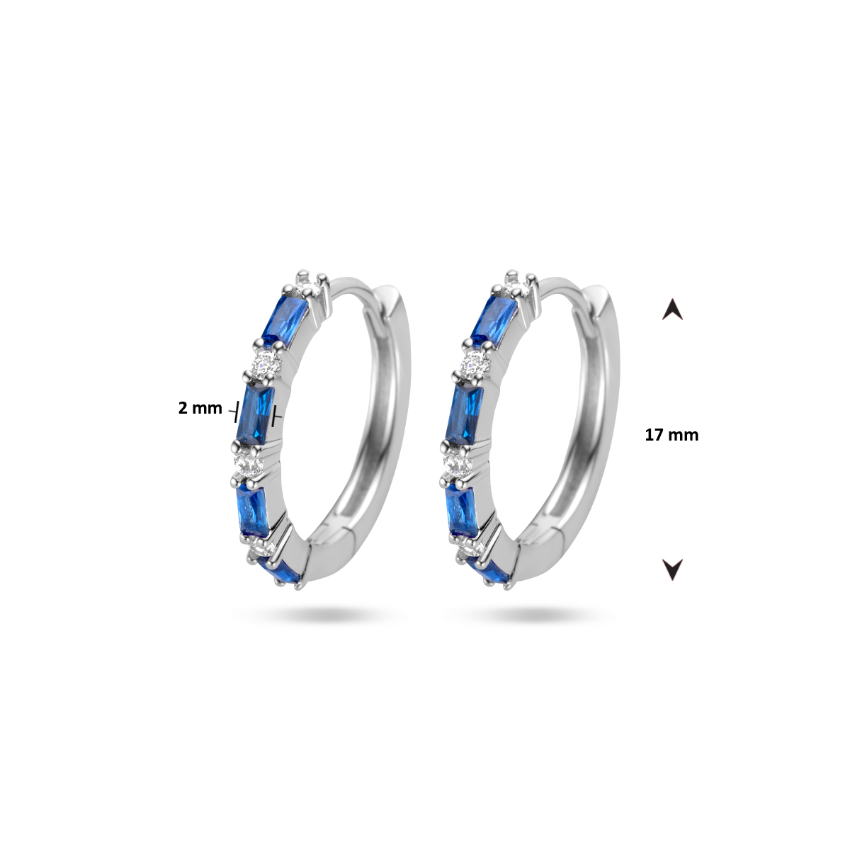 Zilveren klapcreolen met blauwe en transparante zirkonia's - Diameter 17 mm