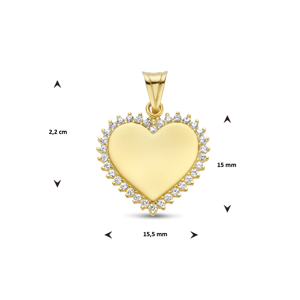 Gouden hartjes hanger met zirkonia's rondom - 15.5 mm x 22 mm