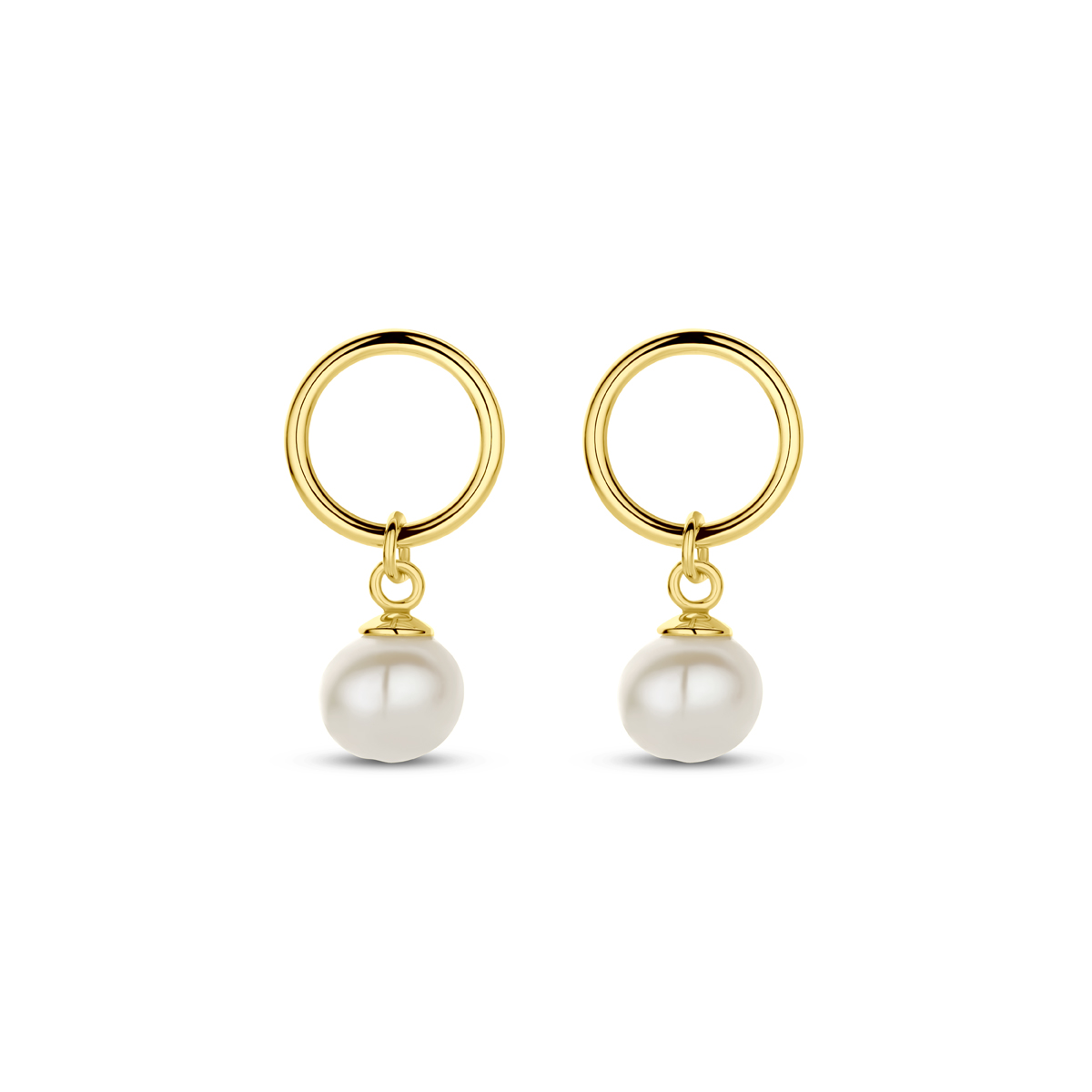 goudkleurig vergulde oorhangers met witte parel – 17 mm x 8 mm