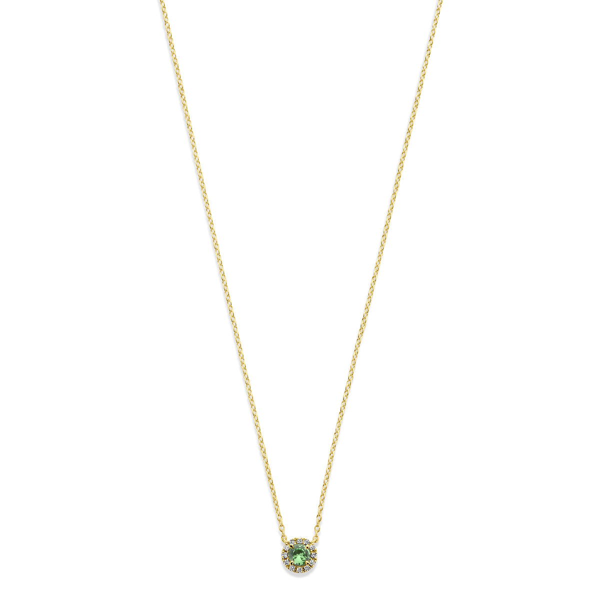 Gouden ketting met ronde hanger van groene tsavoriet en diamant 0.04 crt - Lengte 41 cm, 43 cm, 45 cm