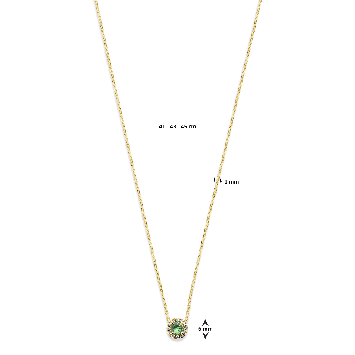 Gouden ketting met ronde hanger van groene tsavoriet en diamant 0.04 crt - Lengte 41 cm, 43 cm, 45 cm