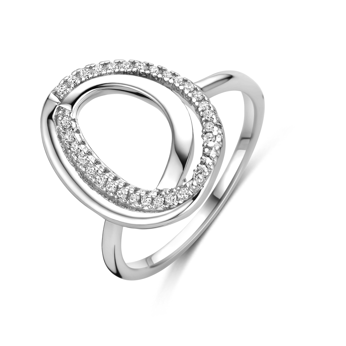 Zilveren ring met ovale open vorm en transparante zirkonia's 16 mm breed
