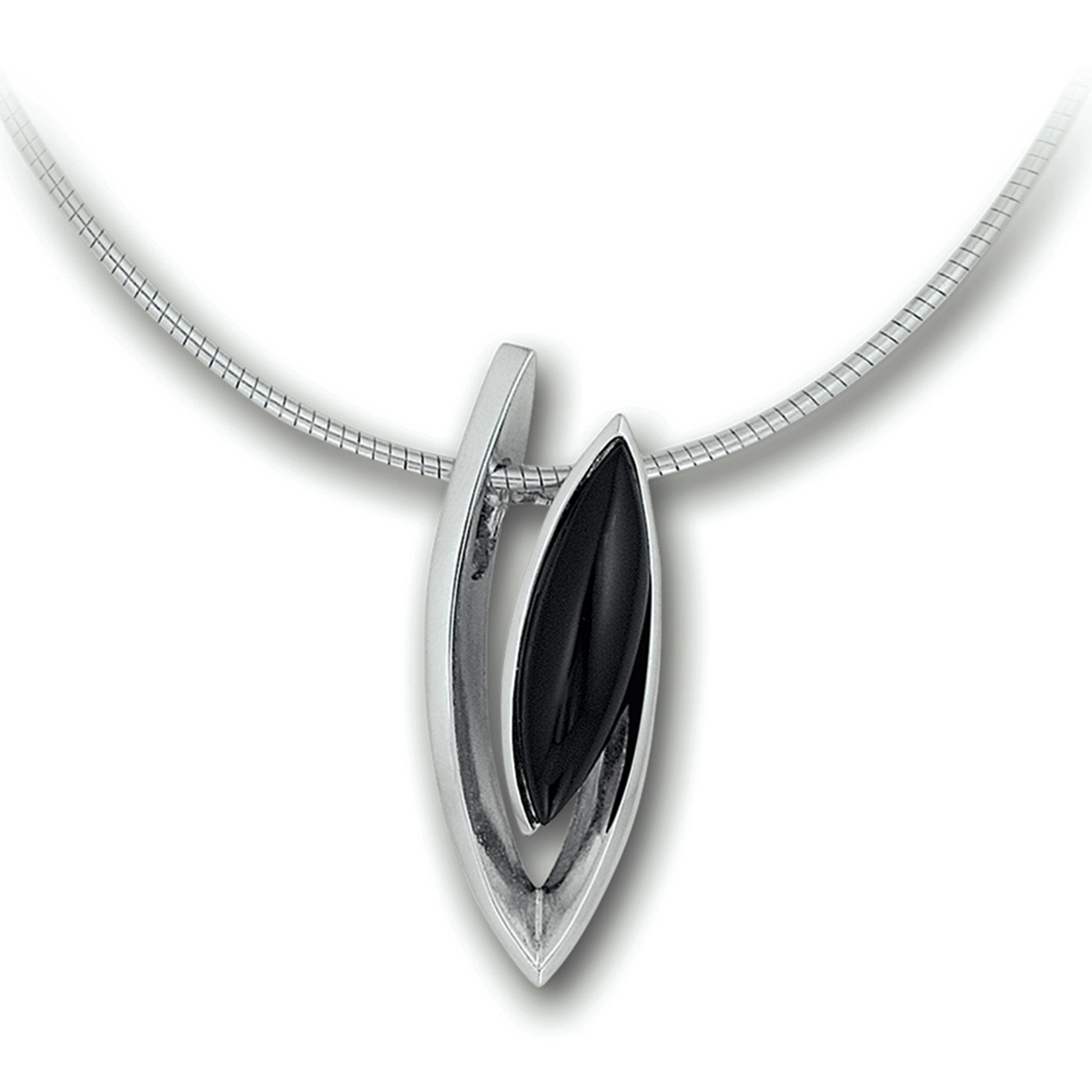Zilveren ketting met zwarte onyx hanger en omega schakels 1.6 mm breed - Lengte 42-45 cm