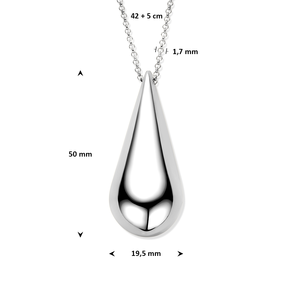 Glanzende zilveren ketting met druppel hanger glanzend 50 mm - Lengte 42-47 cm