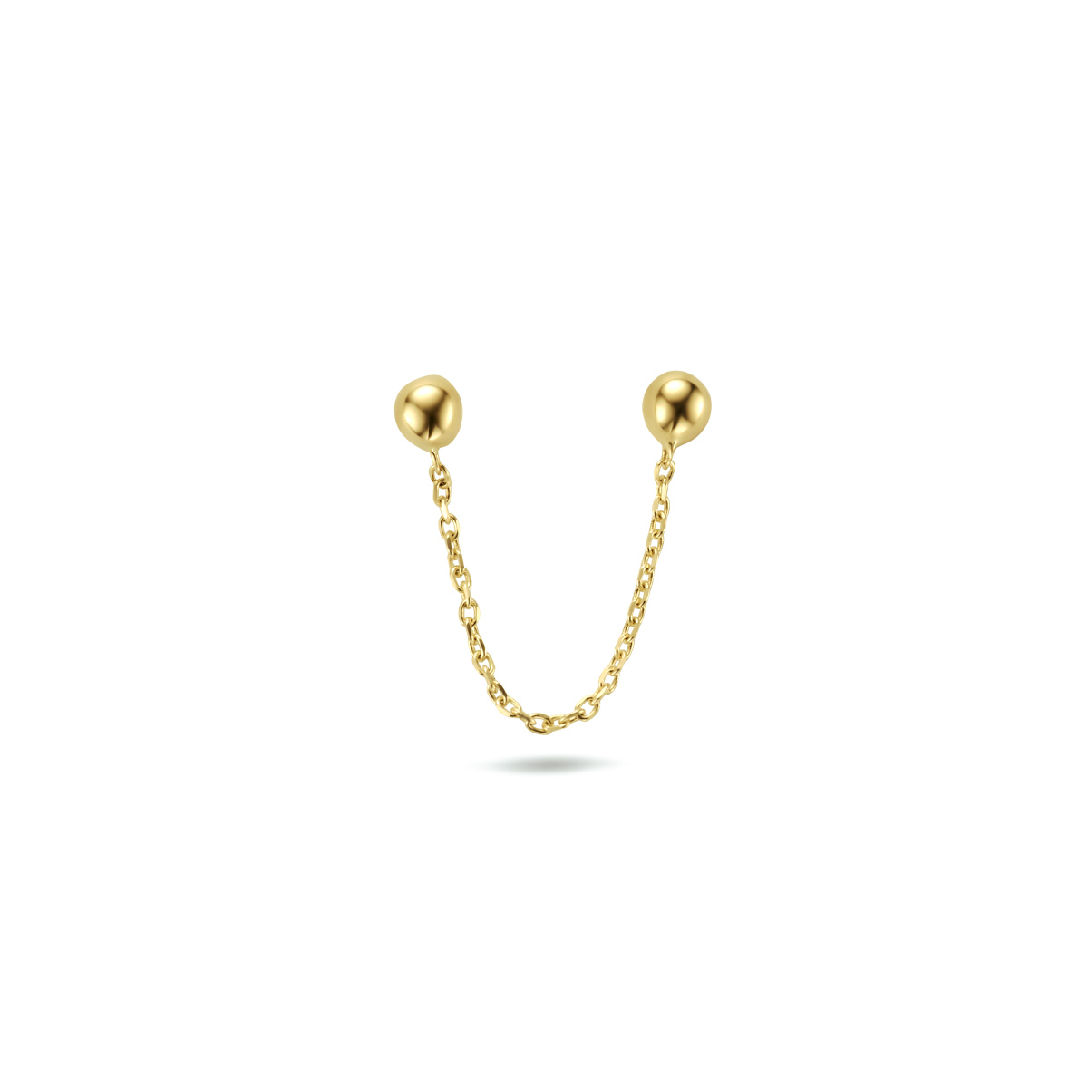 14-karaat gouden oorbel met dubbele knopjes en een kettinkje ertussen 2.8 mm breed - Lengte 30 mm - Per stuk