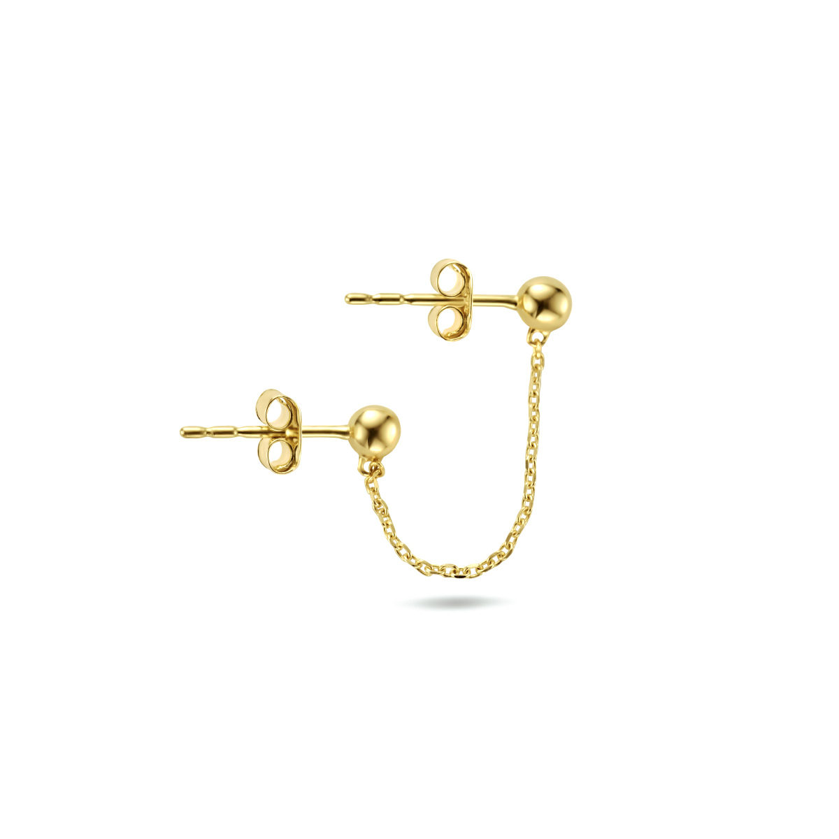 14-karaat gouden oorbel met dubbele knopjes en een kettinkje ertussen 2.8 mm breed - Lengte 30 mm - Per stuk