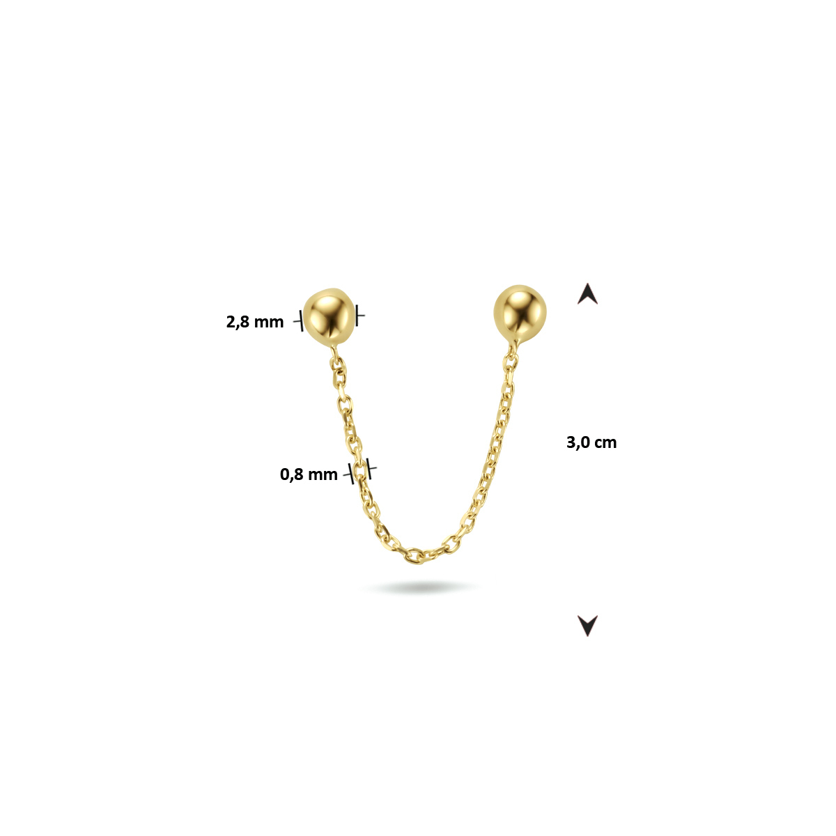 14-karaat gouden oorbel met dubbele knopjes en een kettinkje ertussen 2.8 mm breed - Lengte 30 mm - Per stuk