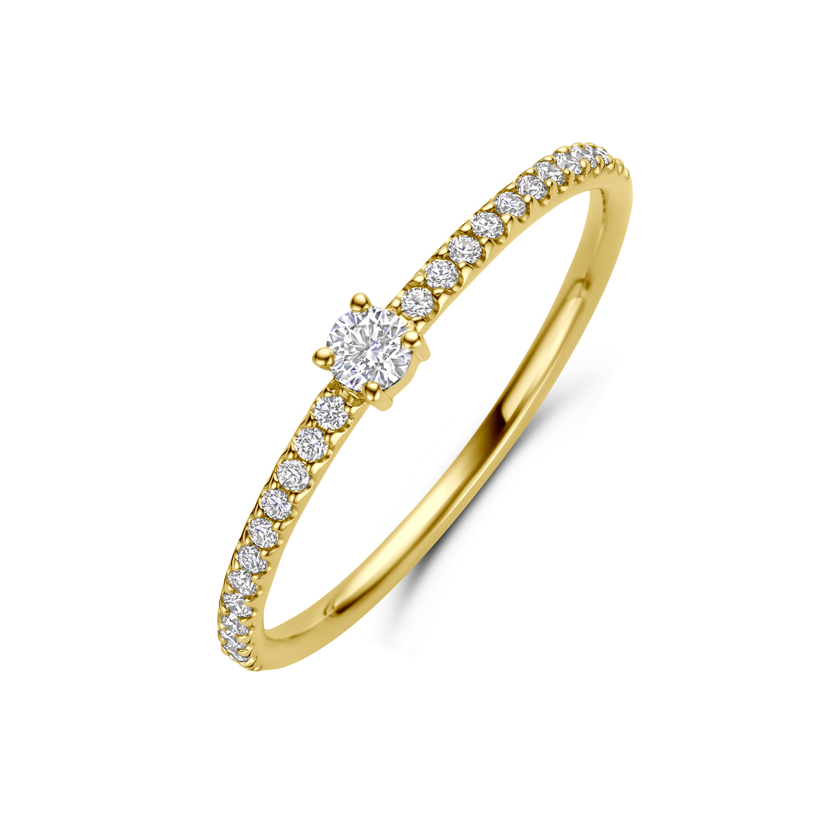 Gouden ring met briljant geslepen diamant en rij diamanten 0.20 crt 2.7 mm breed