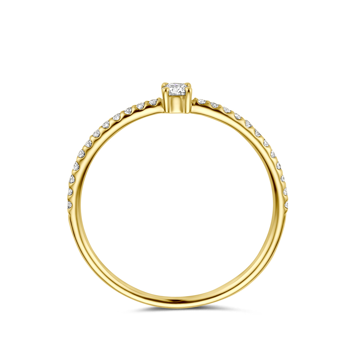 Gouden ring met briljant geslepen diamant en rij diamanten 0.20 crt 2.7 mm breed