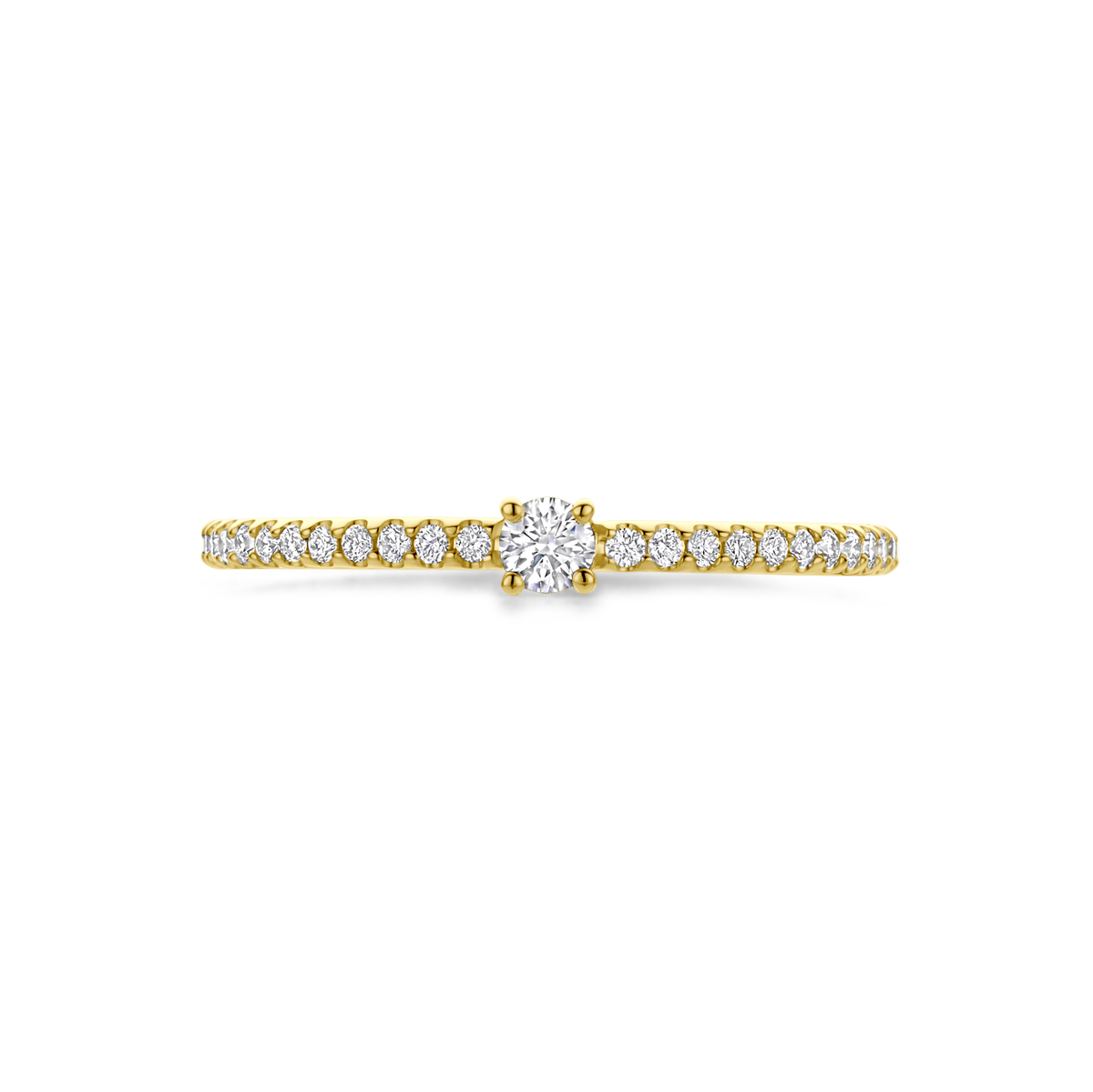 Gouden ring met briljant geslepen diamant en rij diamanten 0.20 crt 2.7 mm breed