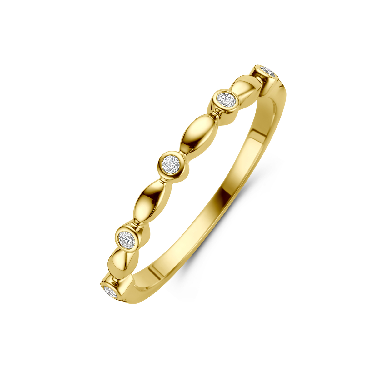 14-karaat gouden ring met ovaaltjes en diamanten 0.05 crt 2 mm breed