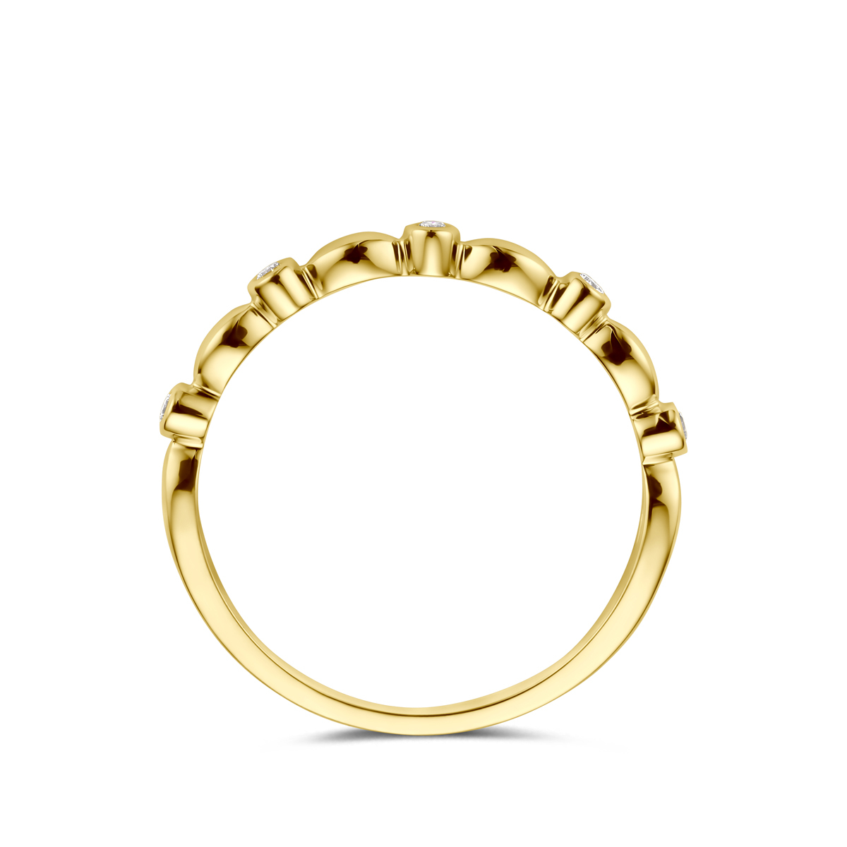 14-karaat gouden ring met ovaaltjes en diamanten 0.05 crt 2 mm breed