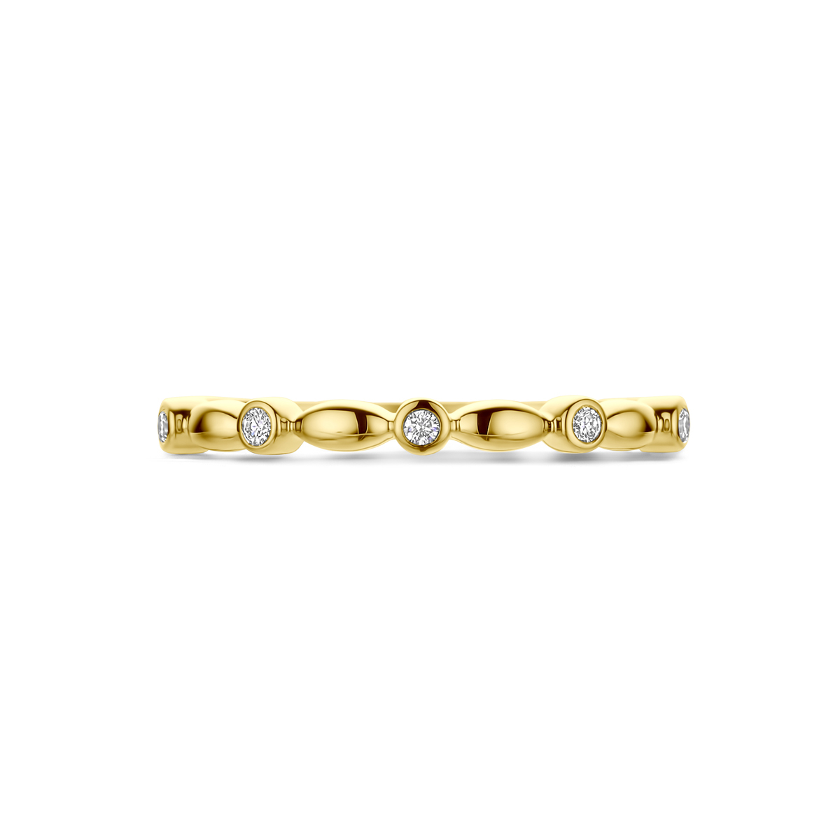 14-karaat gouden ring met ovaaltjes en diamanten 0.05 crt 2 mm breed