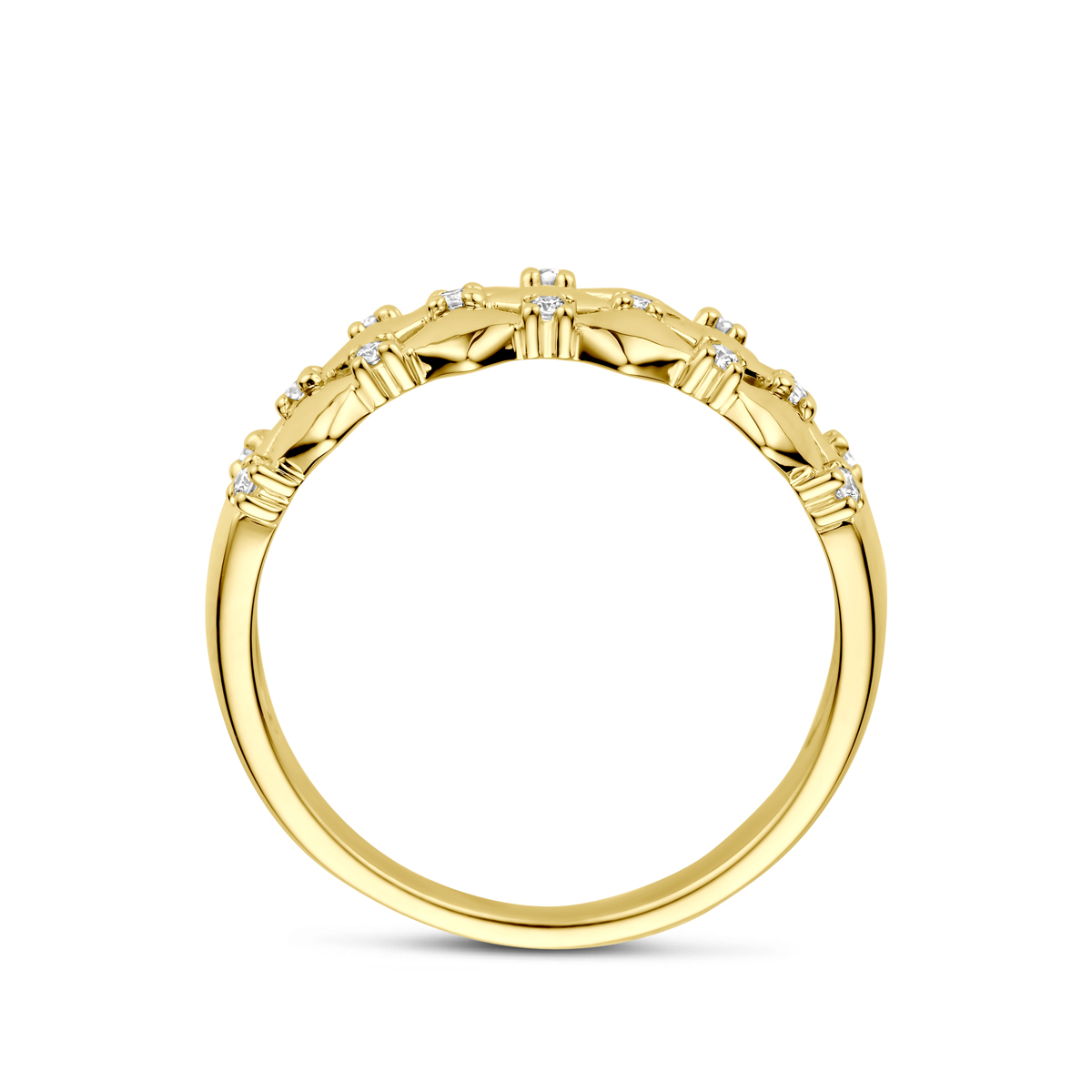 14-karaat gouden ring met ruit patroon en diamanten 0.08 crt 7 mm breed