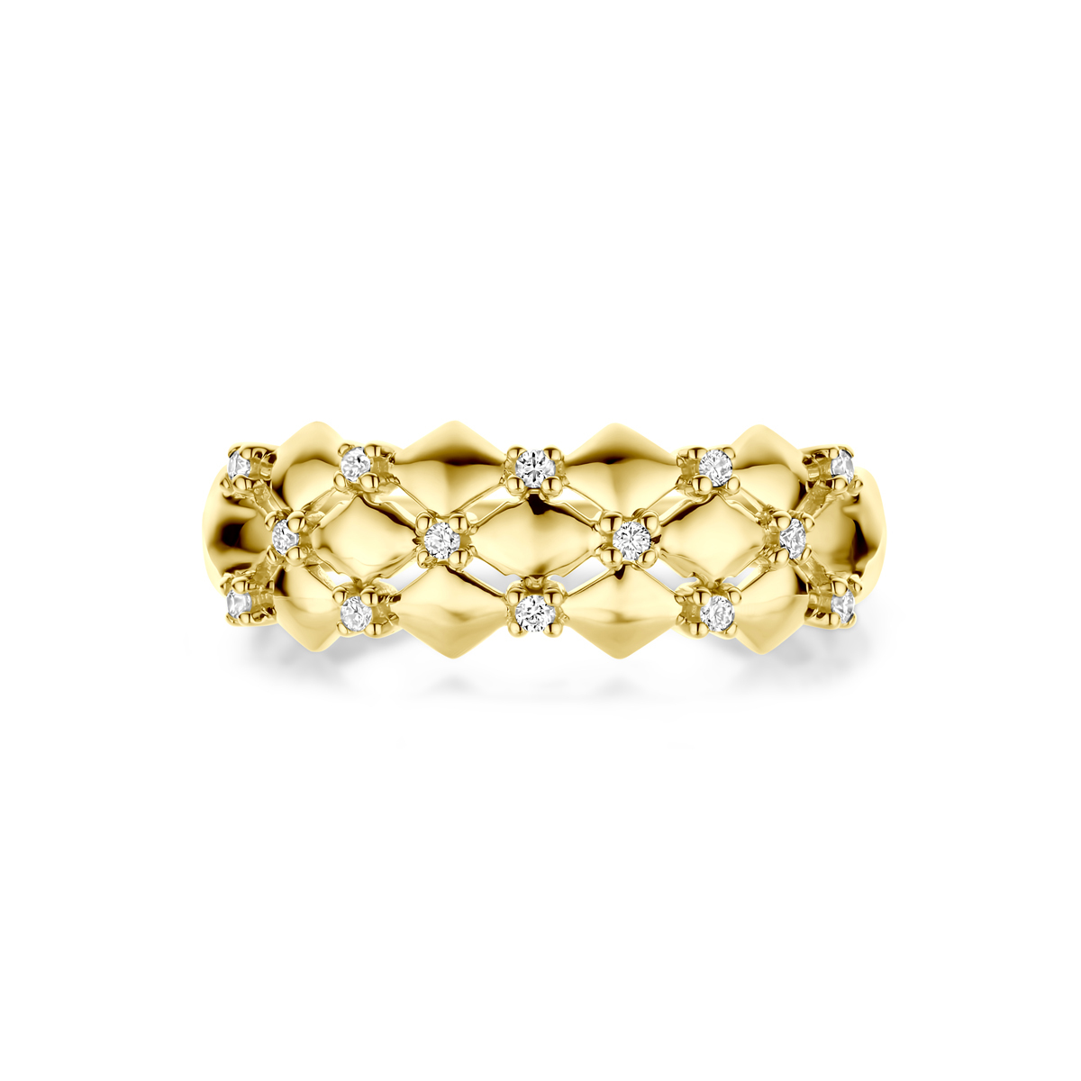 14-karaat gouden ring met ruit patroon en diamanten 0.08 crt 7 mm breed