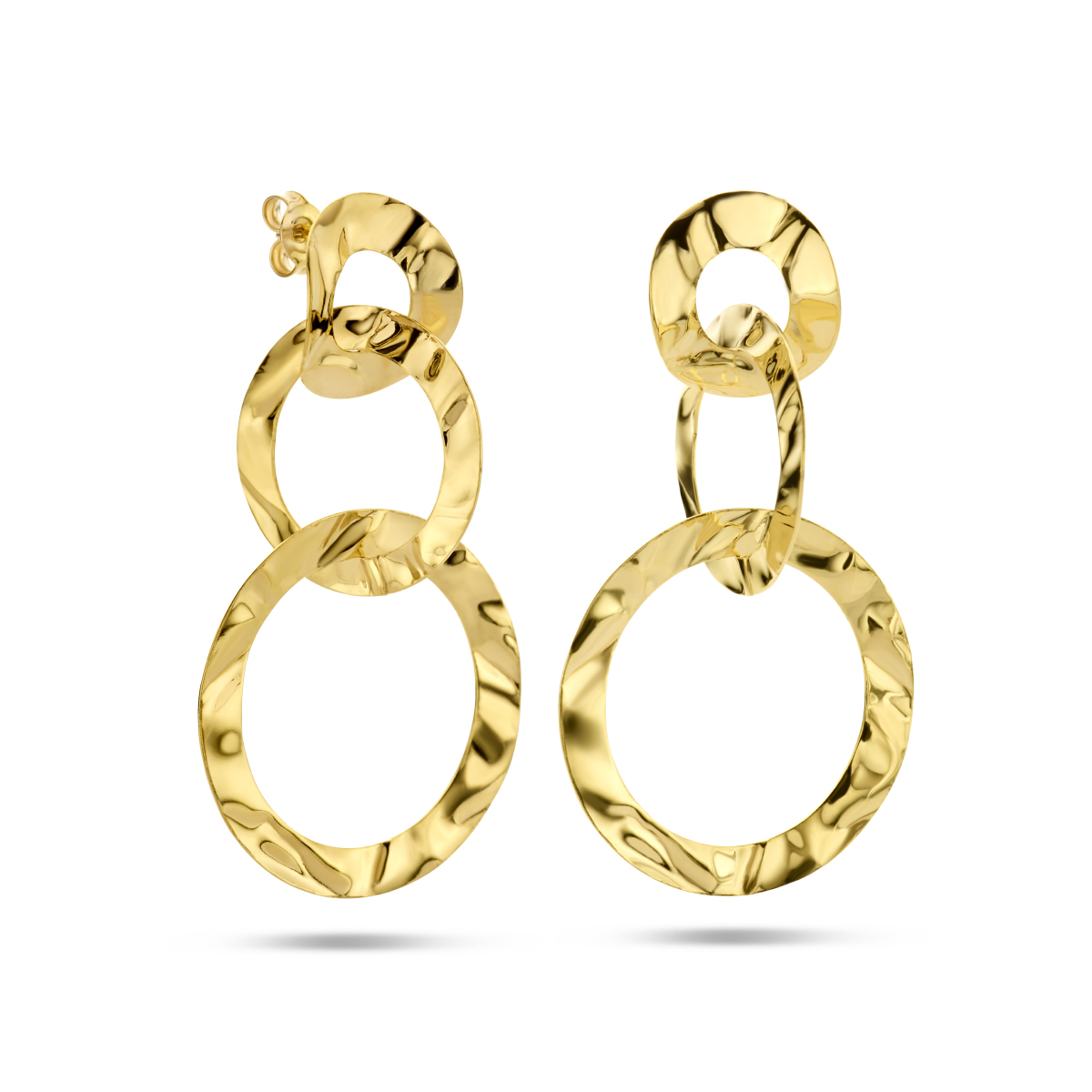 Gold plated gehamerde oorhangers met 3 cirkels 27 mm breed - Hoogte 48 mm