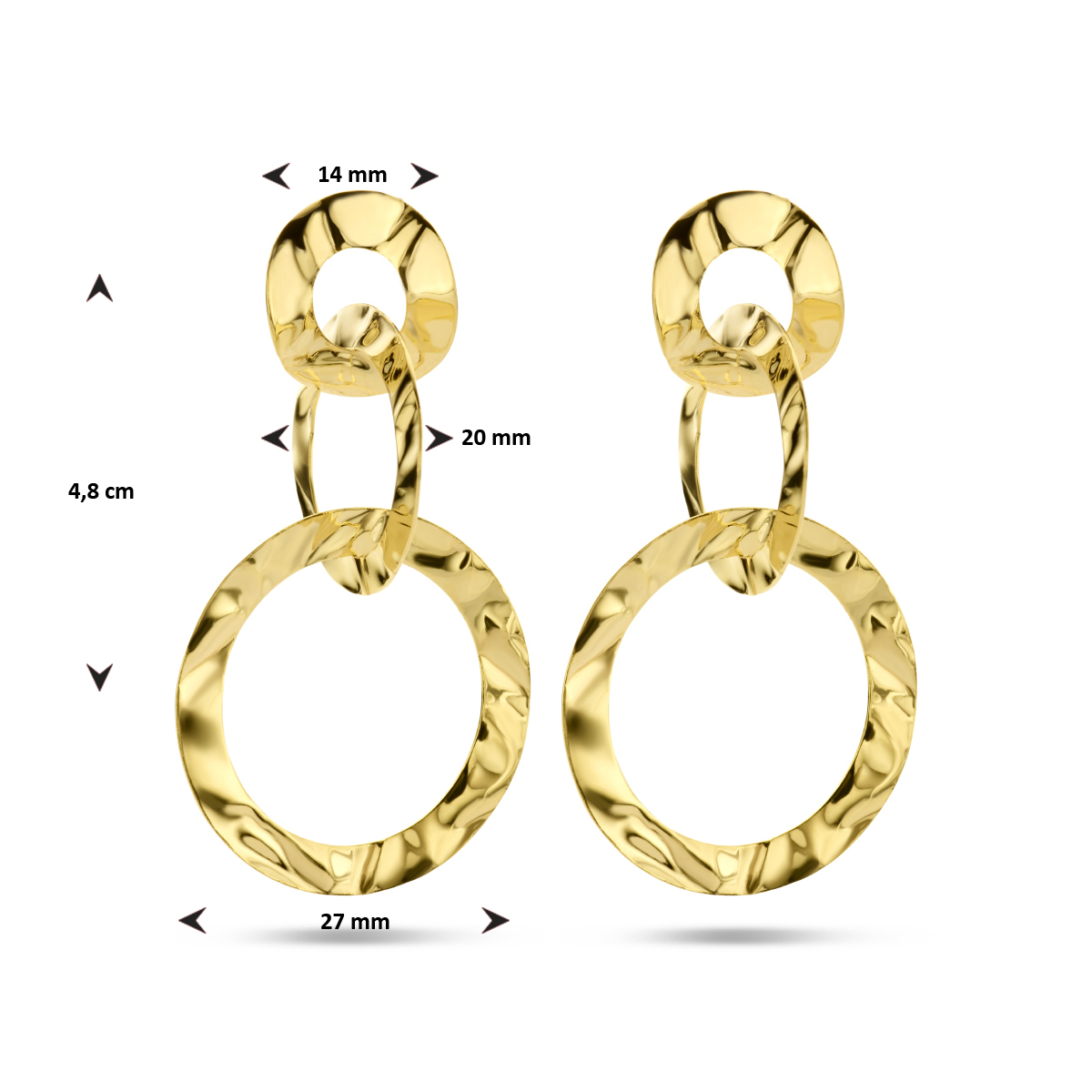 Gold plated gehamerde oorhangers met 3 cirkels 27 mm breed - Hoogte 48 mm