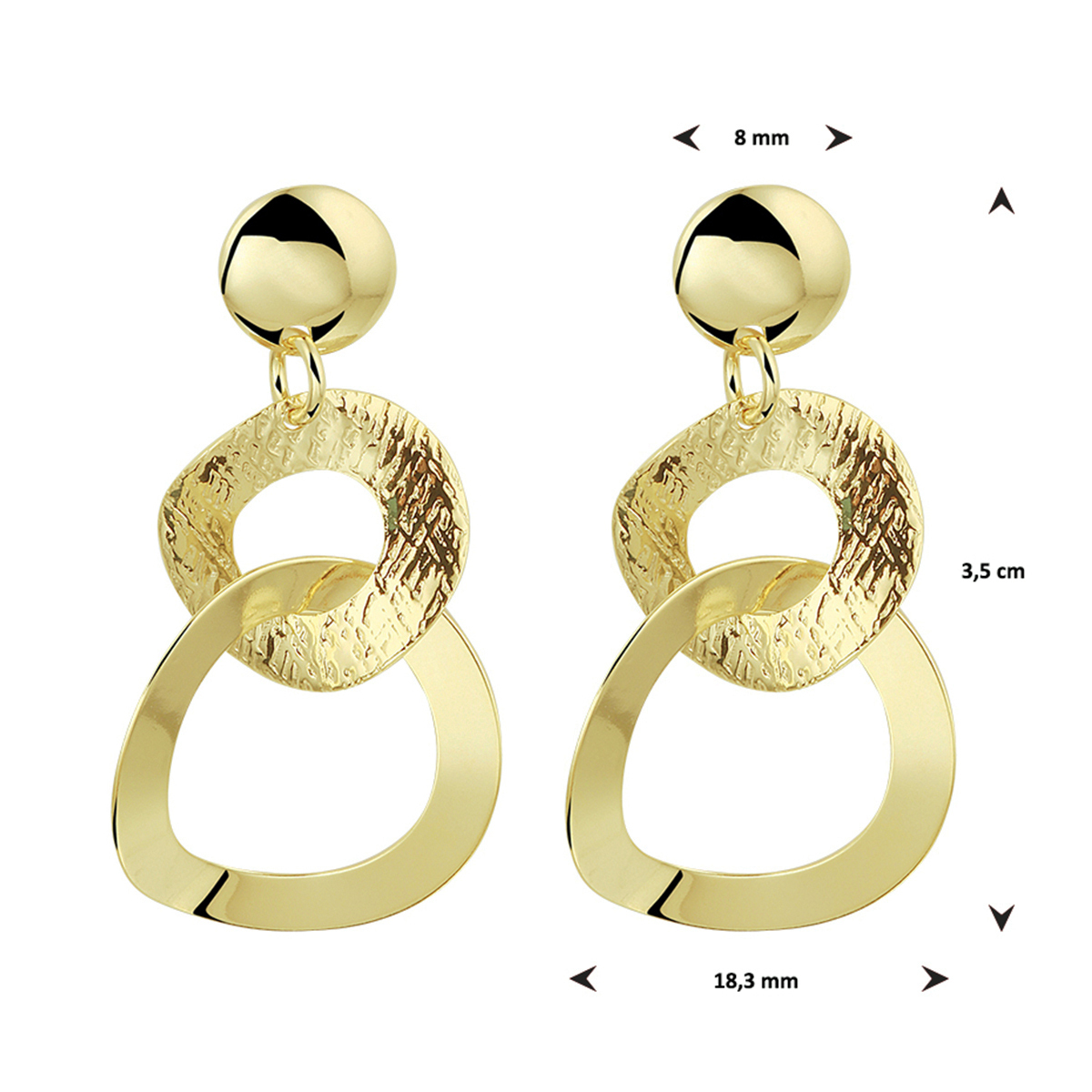 Gold plated oorhangers met gehamerde en glanzende cirkels 18.5 mm breed - Hoogte 35 mm