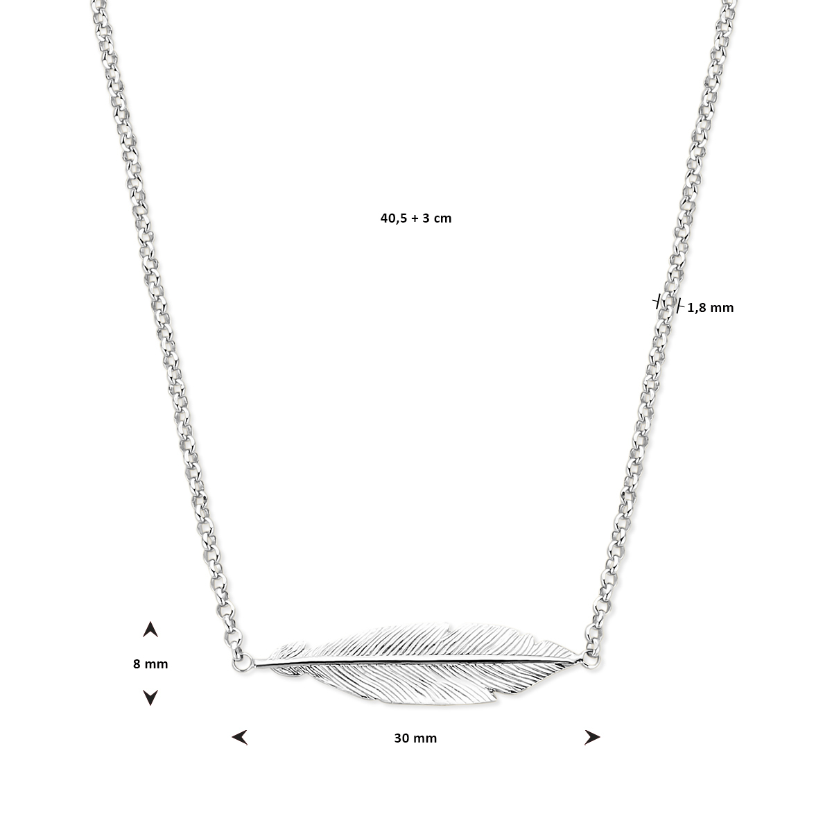 925 zilveren collier met veer hanger glanzend afgewerkt 1.8 mm - Lengte 40.5-43.5 cm