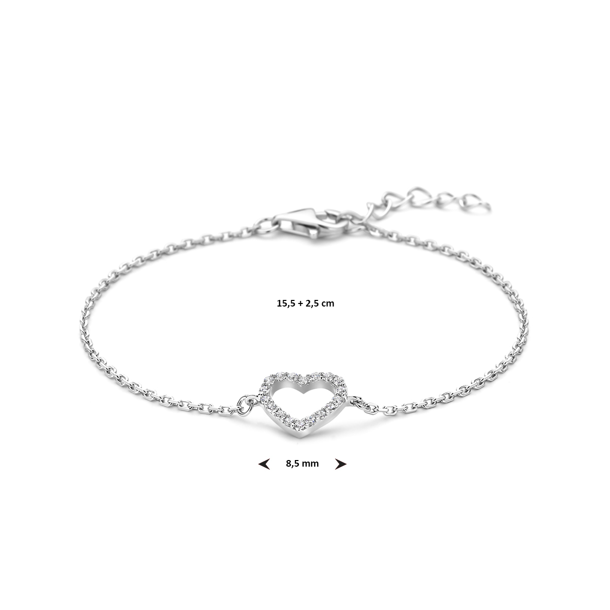 Zilveren armband met ankerschakel hart en zirkonia 8.5 mm breed - Lengte 15.5-18 cm