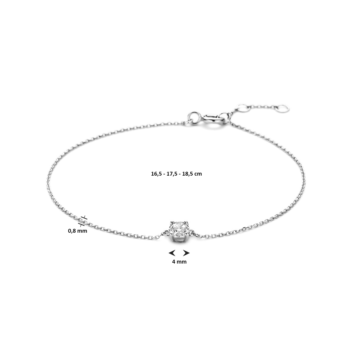 14-karaat witgouden armband met zirkonia anker schakel 0.8 mm breed - Lengte 16.5-17.5-18.5 cm
