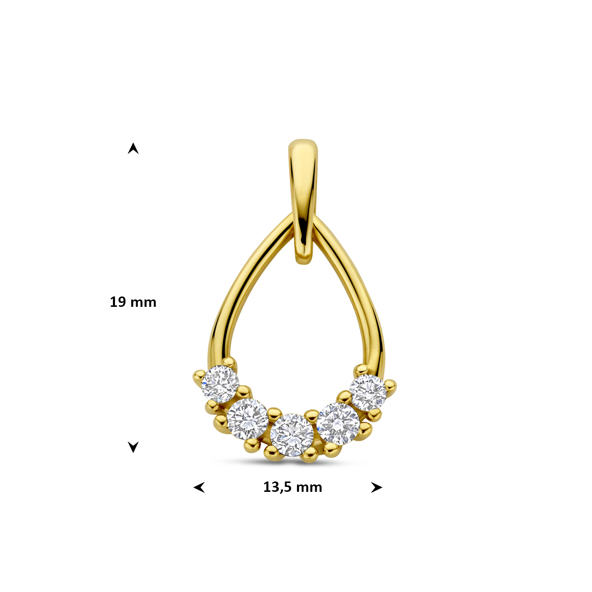 Druppel 14-karaat gouden hanger met 5 lab grown diamanten 0.32 crt 13.5 mm breed - Hoogte 19 mm