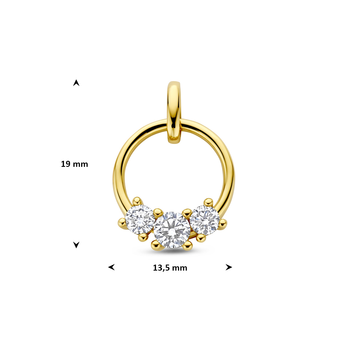Ronde 14-karaat gouden hanger met 3 lab grown diamanten 0.50 crt 13.5 mm breed - Hoogte 19 mm
