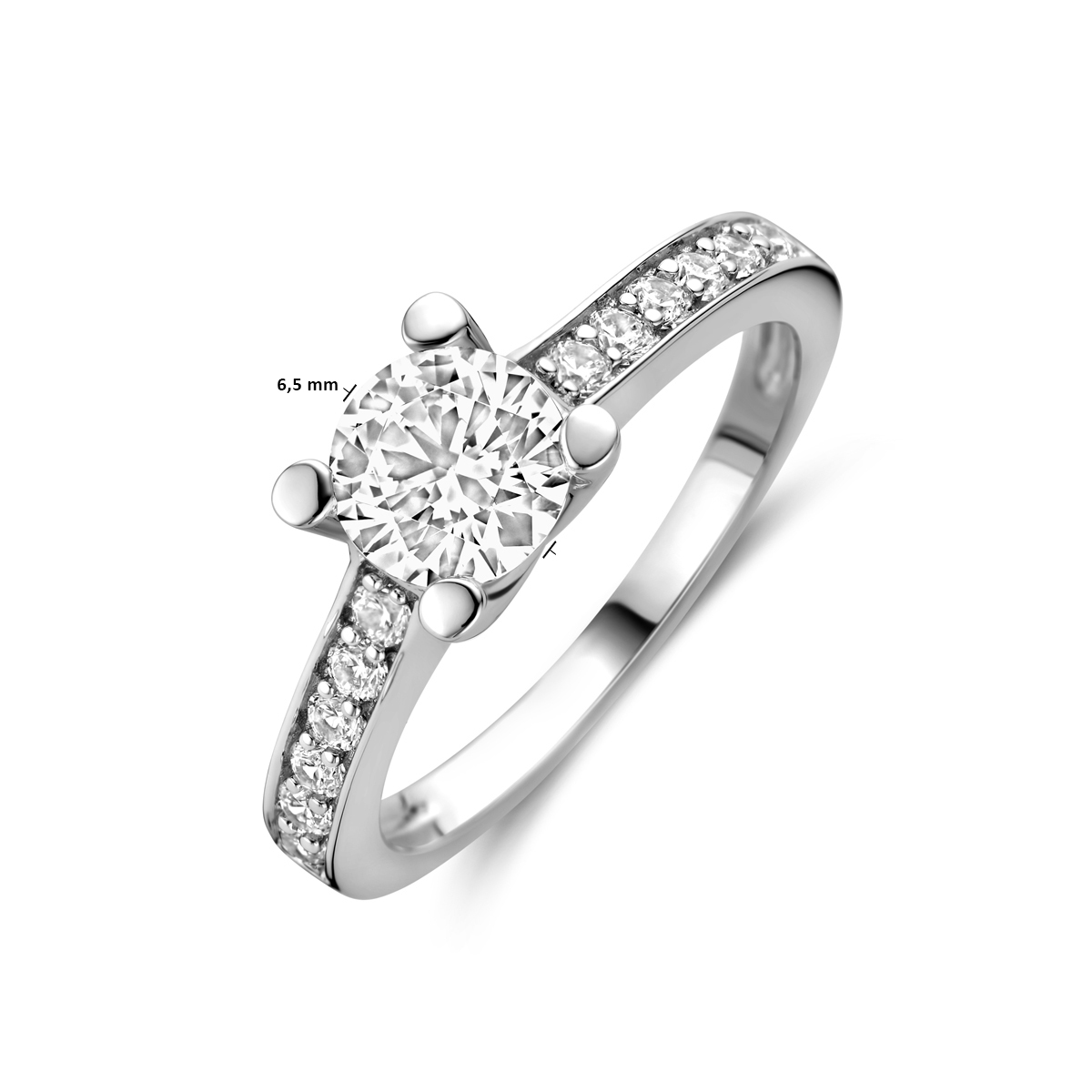 Zilveren solitair ring met zirkonia en zijstenen 6.5 mm breed